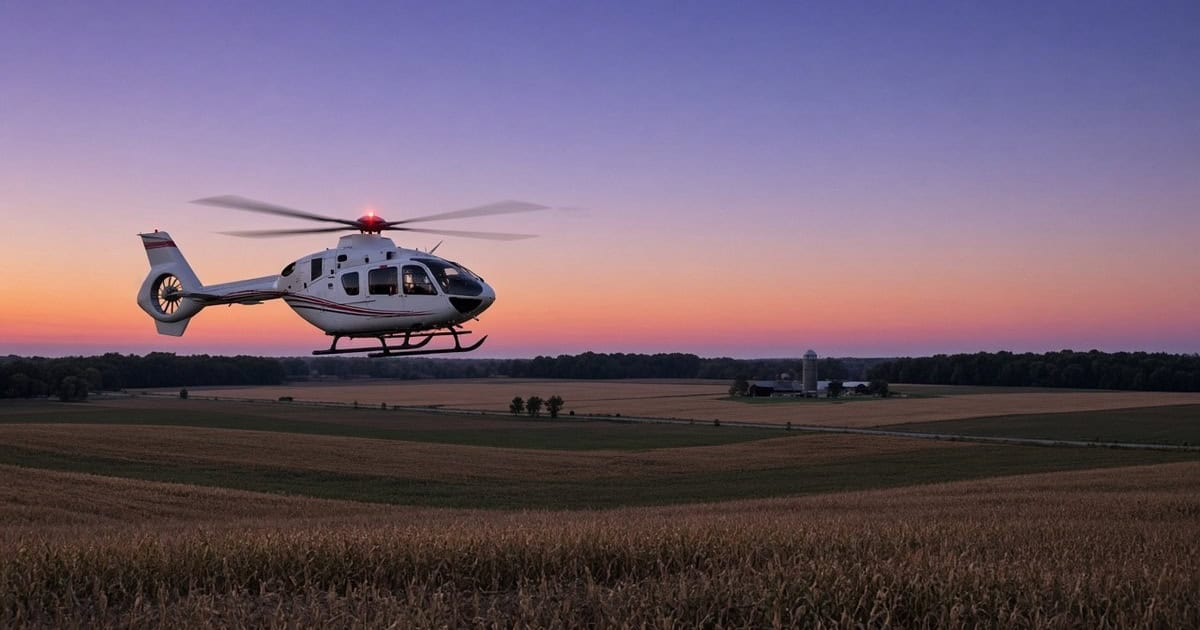 AI-generated illustration of a white and red medical helicopter flying over harvested farmland at dusk.